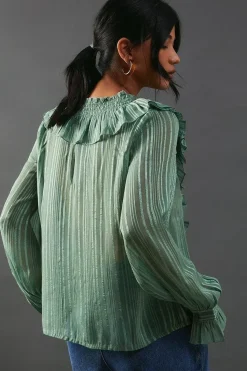 Shadow Stripe Smocking Panel Double Ruffle Blouse