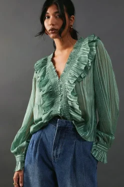 Shadow Stripe Smocking Panel Double Ruffle Blouse