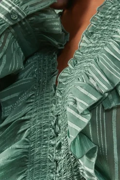 Shadow Stripe Smocking Panel Double Ruffle Blouse