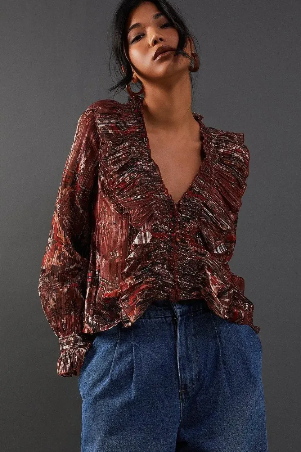 Shadow Stripe Smocking Panel Double Ruffle Blouse