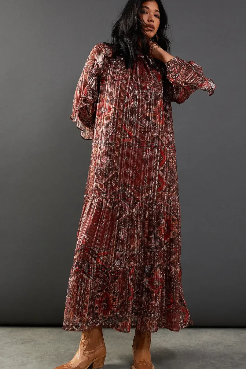 Shadow Stripe Tie Back Neck Ruffle Tier Midi Dress