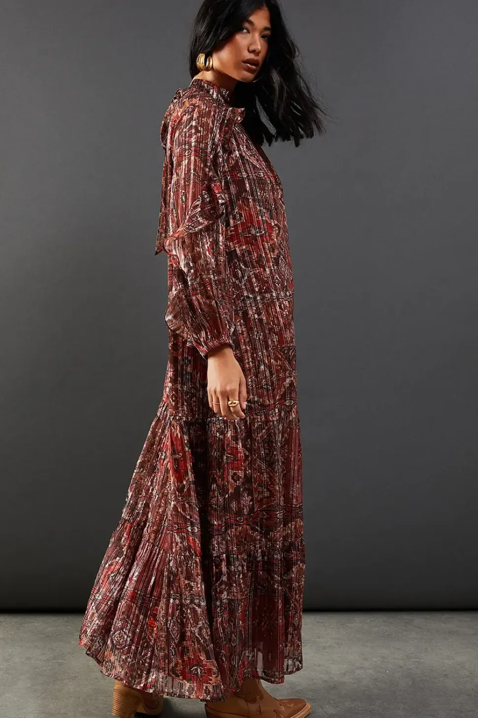 Shadow Stripe Tie Back Neck Ruffle Tier Midi Dress