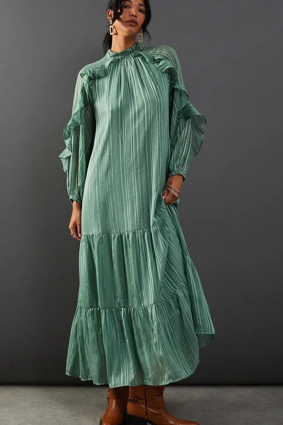 Shadow Stripe Tie Back Neck Ruffle Tier Midi Dress
