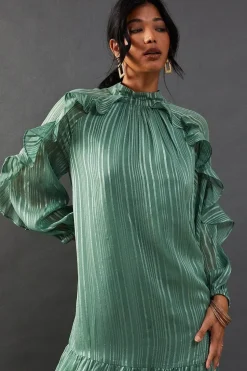Shadow Stripe Tie Back Neck Ruffle Tier Midi Dress