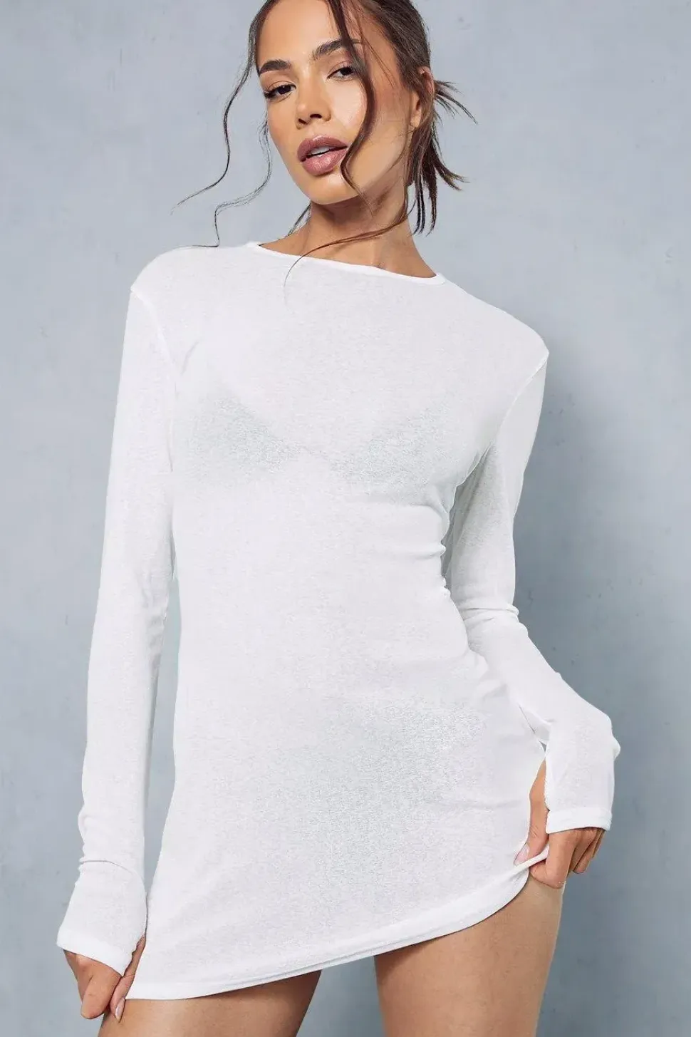 Sheer Jersey Long Sleeve Mini Dress