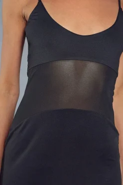 Sheer Mesh Insert Strappy Plunge Bodycon Maxi Dress