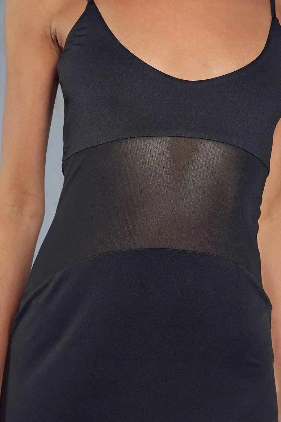 Sheer Mesh Insert Strappy Plunge Bodycon Maxi Dress