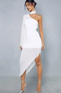 Sheer Overlay Ruched Choker Neck Asymmetric Midi Dress