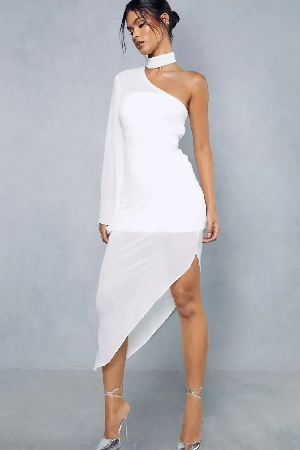 Sheer Overlay Ruched Choker Neck Asymmetric Midi Dress