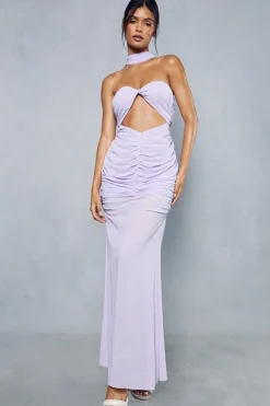 Sheer Overlay Ruched Choker Neck Cut Out Maxi Dress