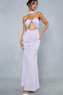 Sheer Overlay Ruched Choker Neck Cut Out Maxi Dress