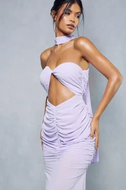Sheer Overlay Ruched Choker Neck Cut Out Maxi Dress