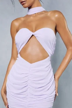 Sheer Overlay Ruched Choker Neck Cut Out Maxi Dress