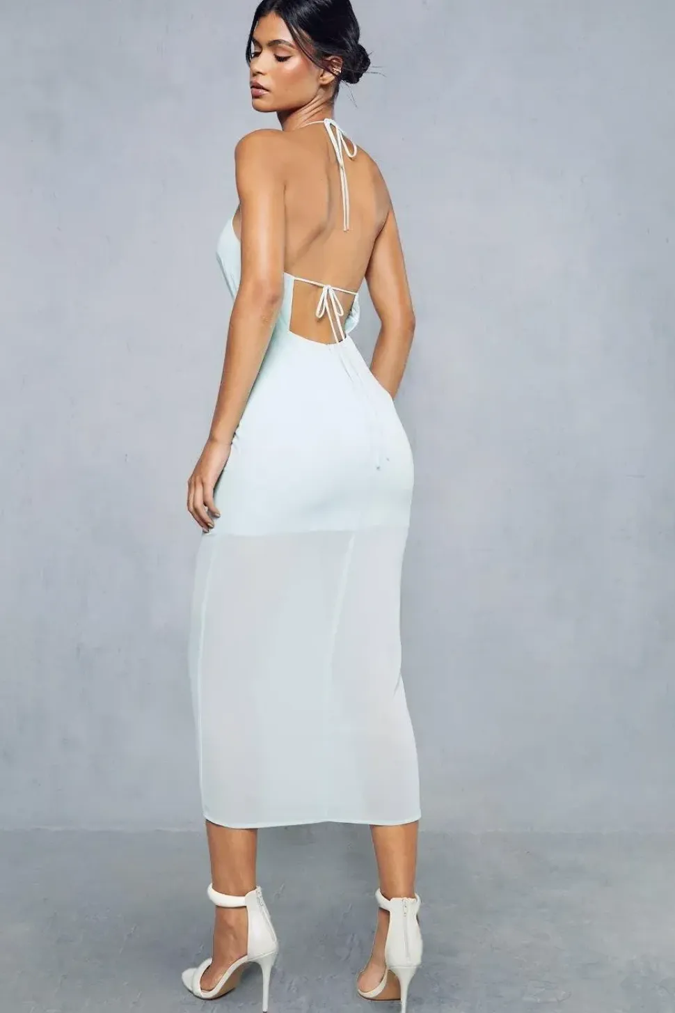 Sheer Overlay Strappy Halterneck Tie Back Midaxi Dress