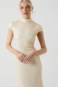 Sheer Sequin High Neck Wedding Dress