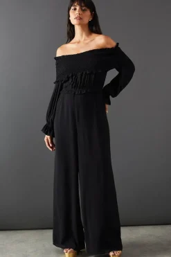 Shirred Bardot Waisted Wide Leg Jumpsuit