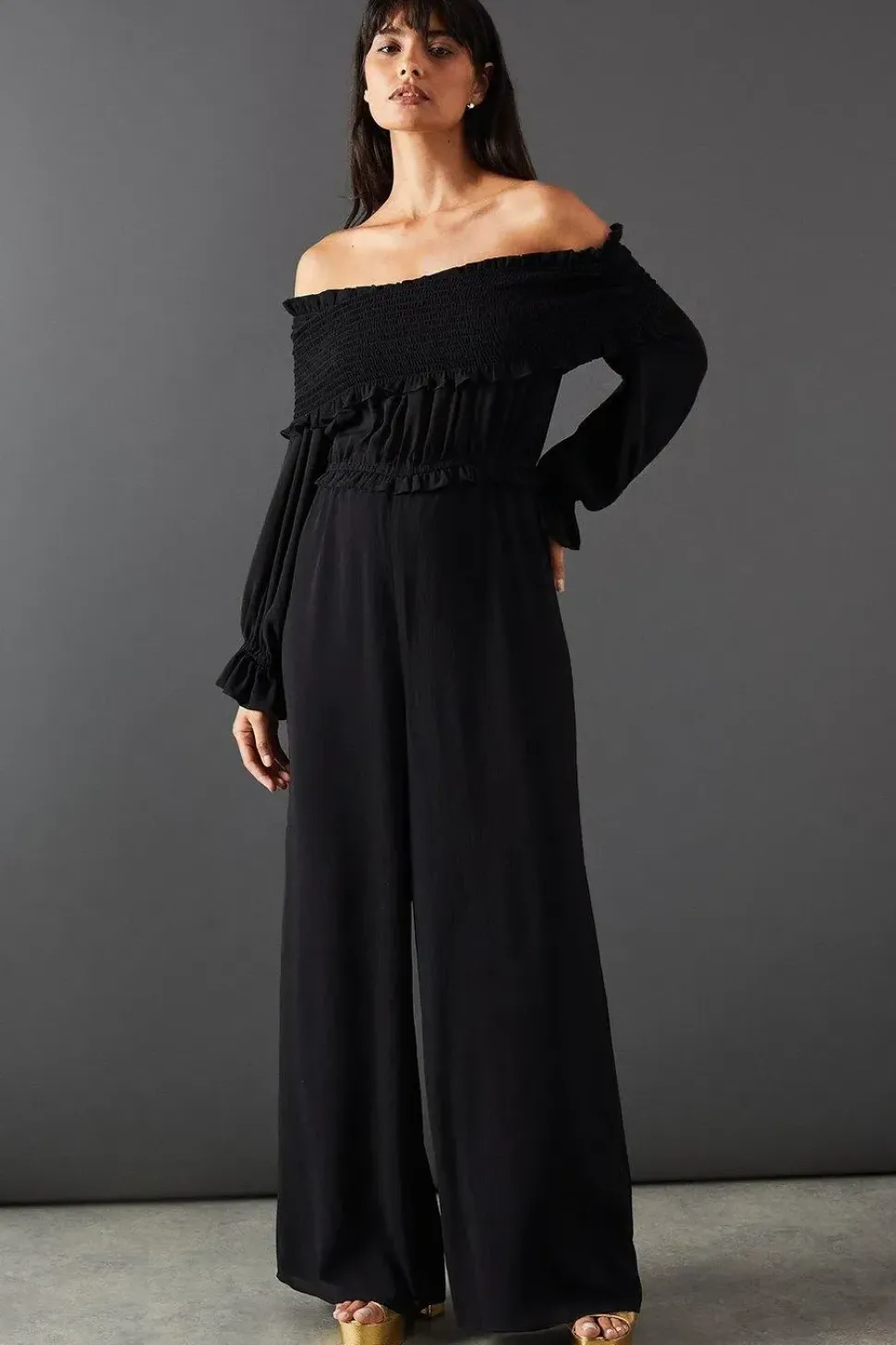 Shirred Bardot Waisted Wide Leg Jumpsuit