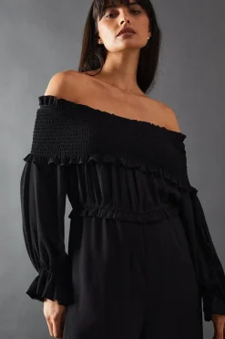 Shirred Bardot Waisted Wide Leg Jumpsuit