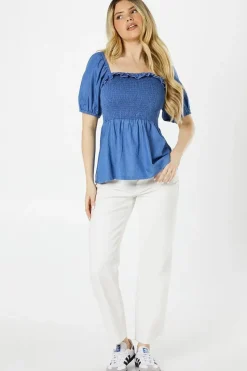 Shirred Bust Frill Neck Peplum Top