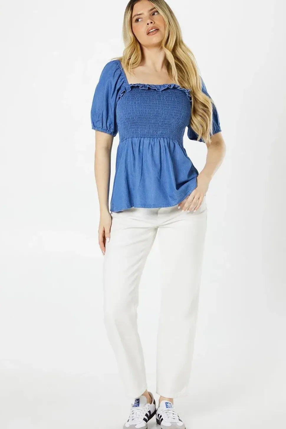 Shirred Bust Frill Neck Peplum Top