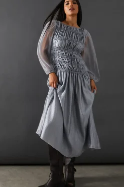 Shirred Chiffon Panel Bodice Midi Dress