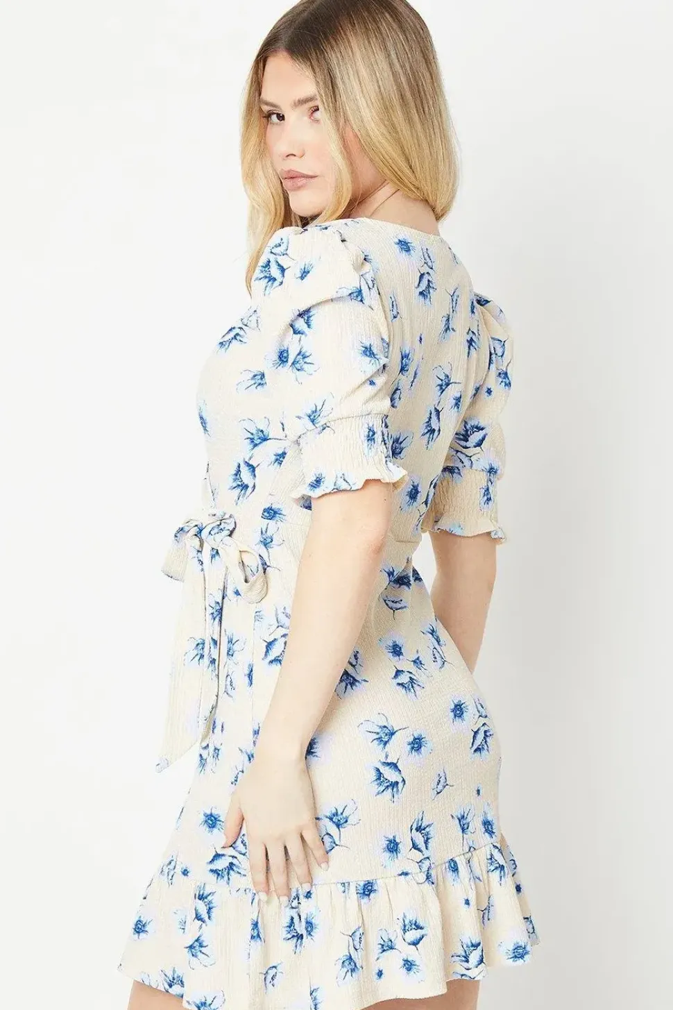 Shirred Cuff Wrap Detail Mini Dress