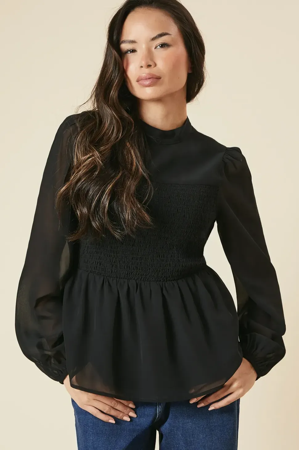 Shirred Front And Back Long Sleeve Blouse