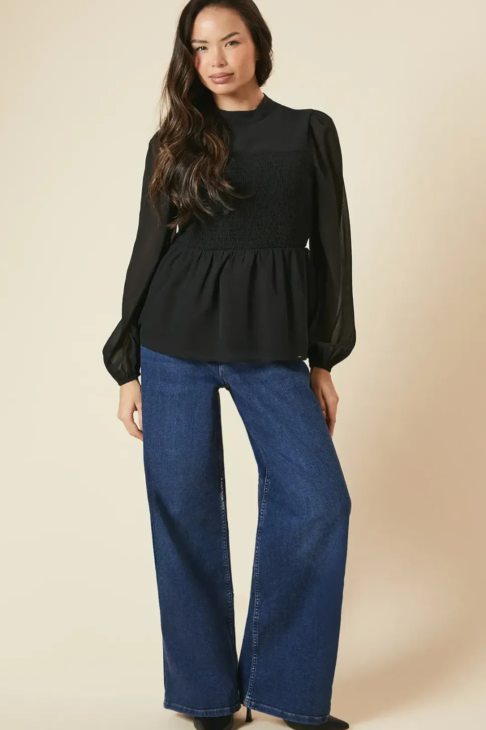 Shirred Front And Back Long Sleeve Blouse