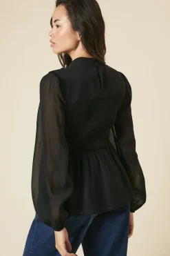 Shirred Front And Back Long Sleeve Blouse