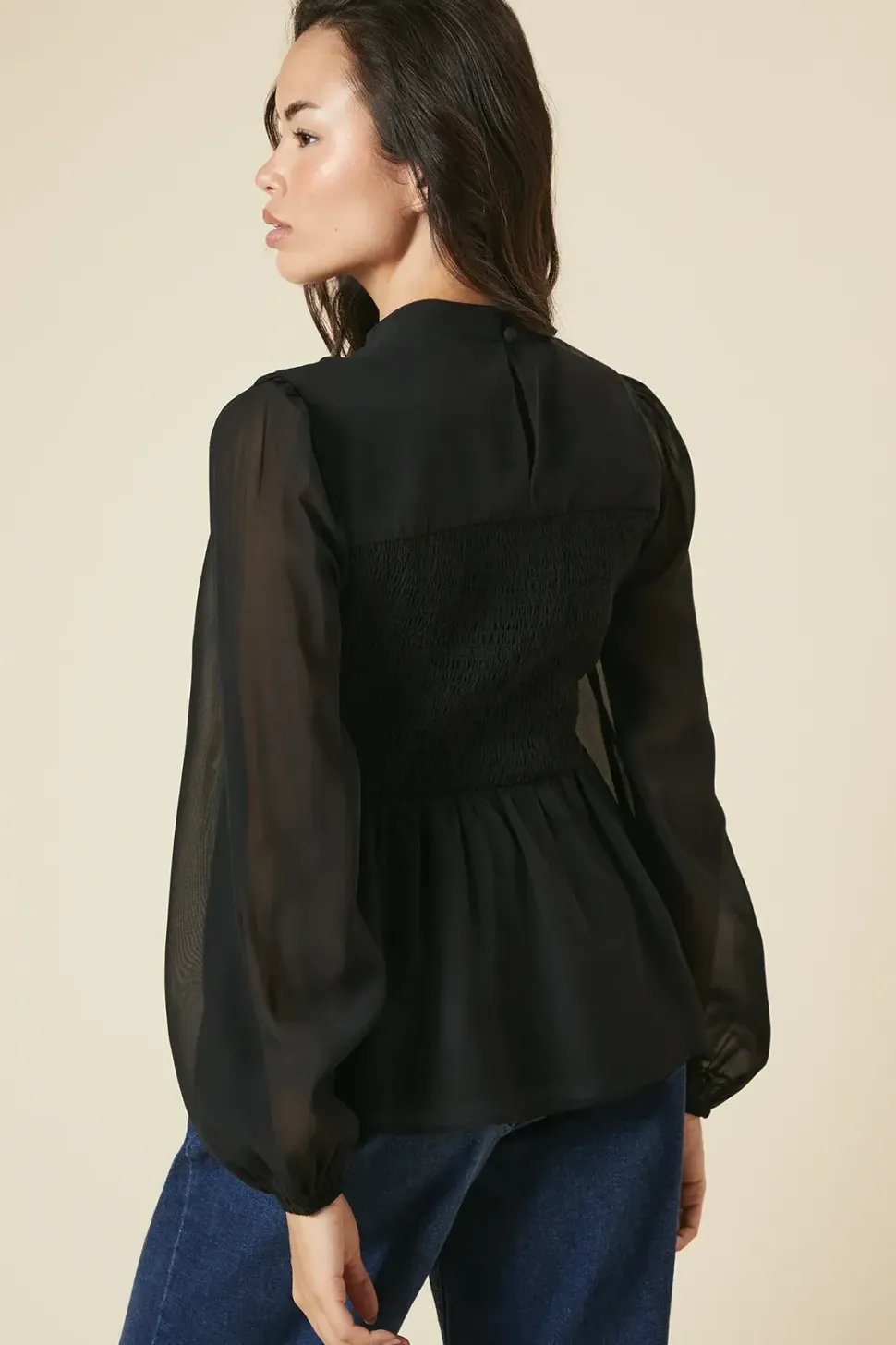 Shirred Front And Back Long Sleeve Blouse