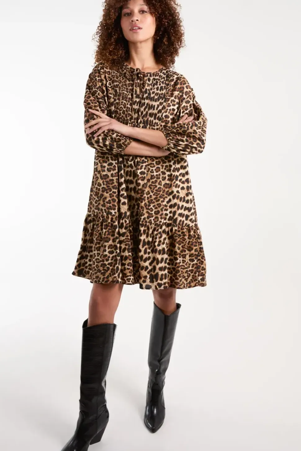 Shirred Front Tie Neck Smock Dress