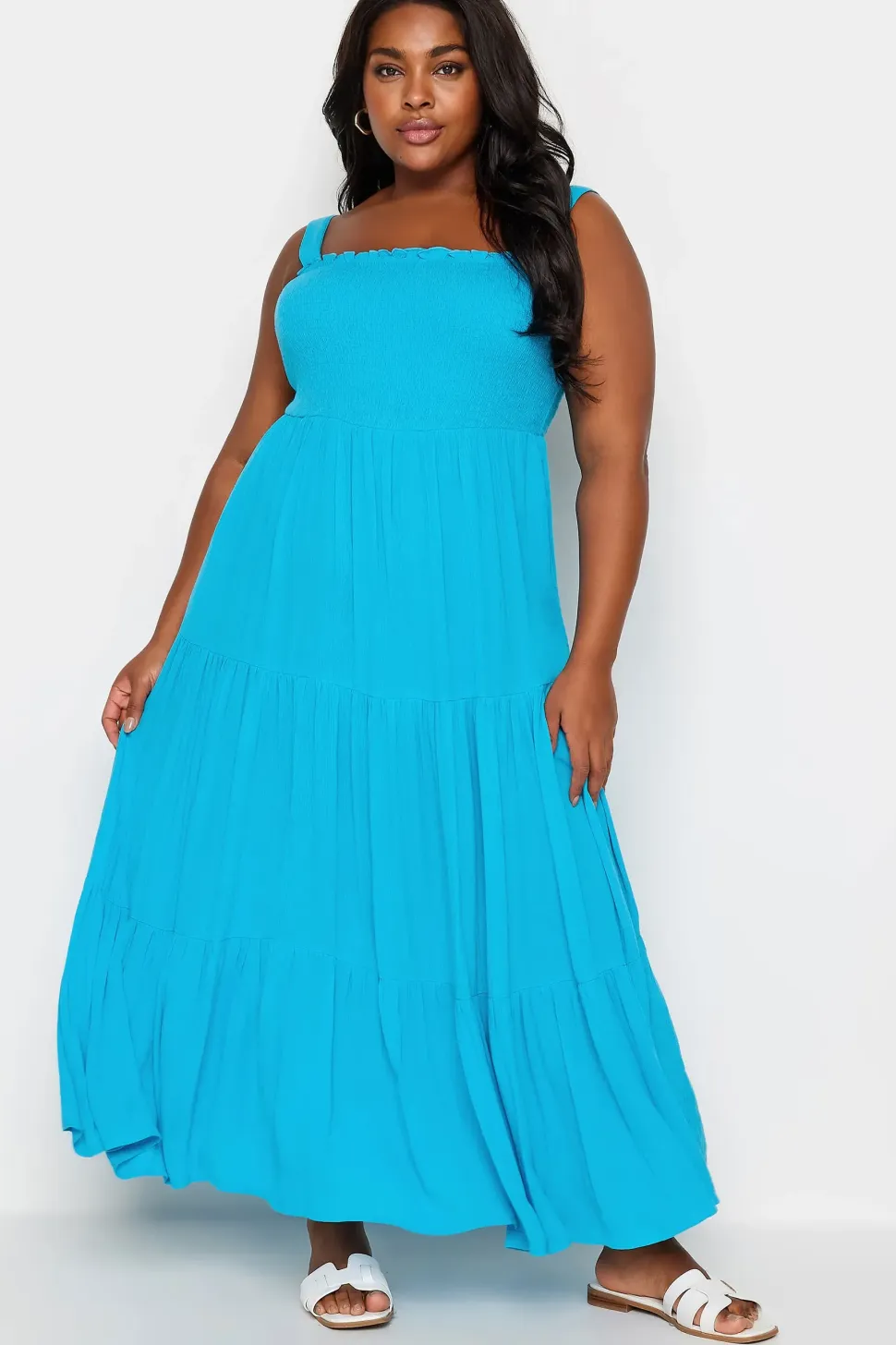 Shirred Strappy Midi Dress