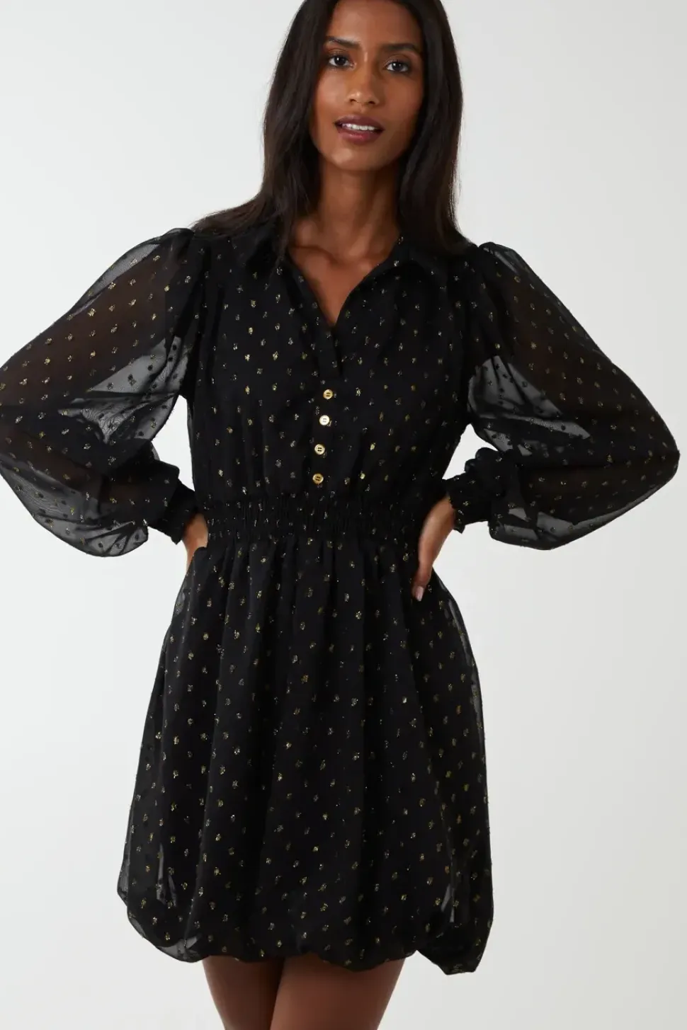 Shirred Waist & Puff Hem Shirt Dress