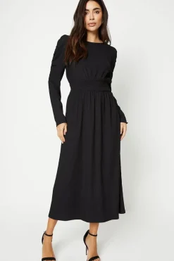 Shirred Waist Long Sleeve Midi Dress