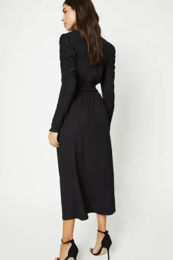 Shirred Waist Long Sleeve Midi Dress