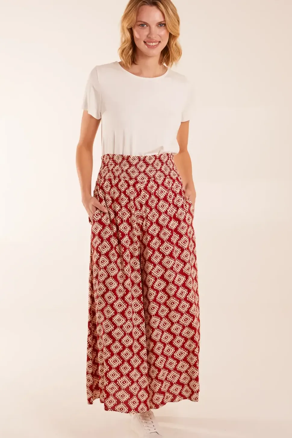 Shirred Waist Wide Leg Aztec Trousers