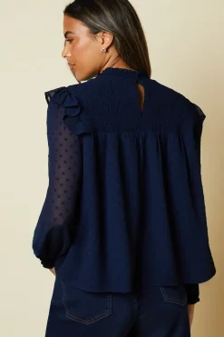 Shirred Yoke Dobby Chiffon Long Sleeve Blouse