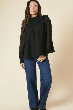 Shirred Yoke Dobby Chiffon Long Sleeve Blouse
