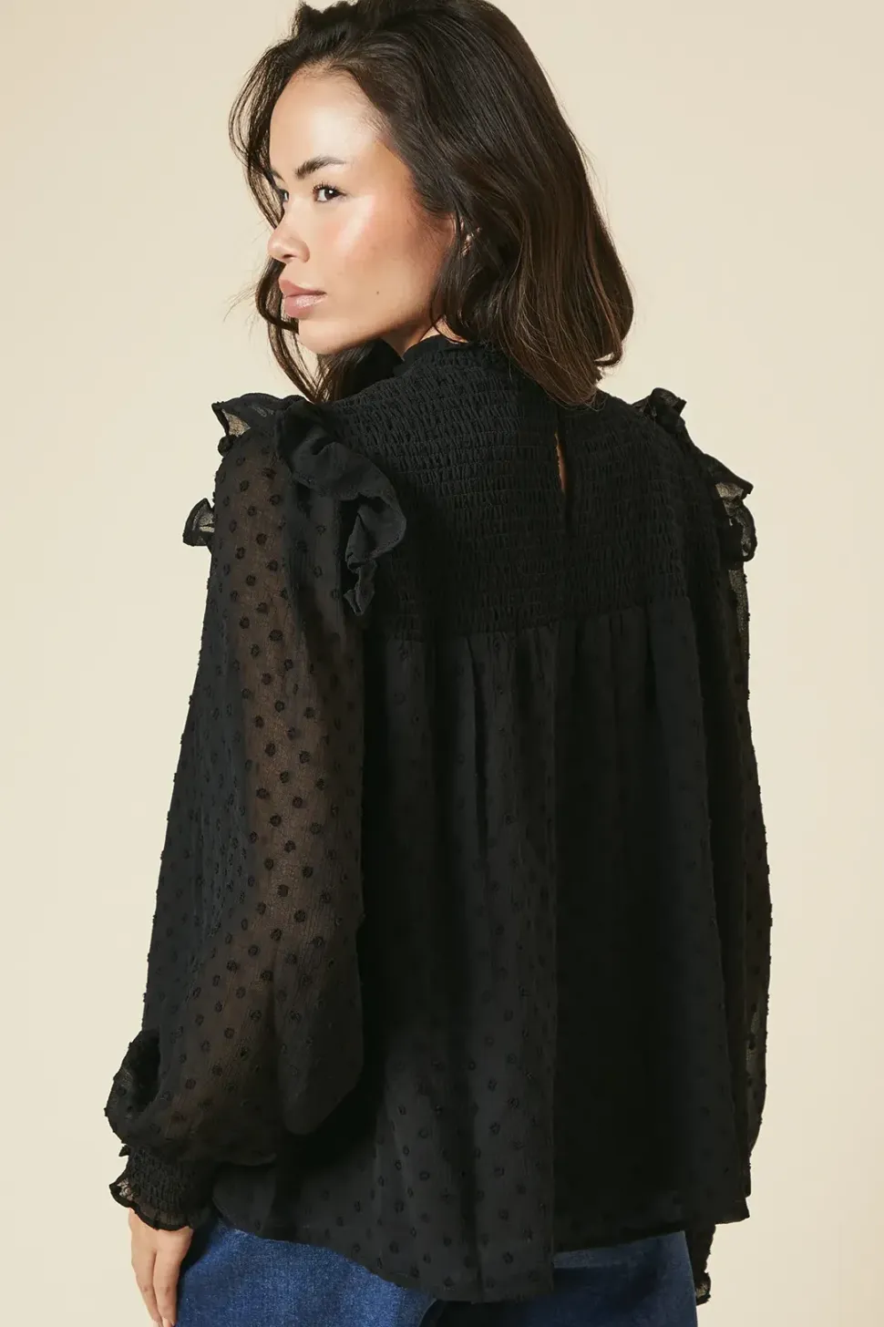 Shirred Yoke Dobby Chiffon Long Sleeve Blouse
