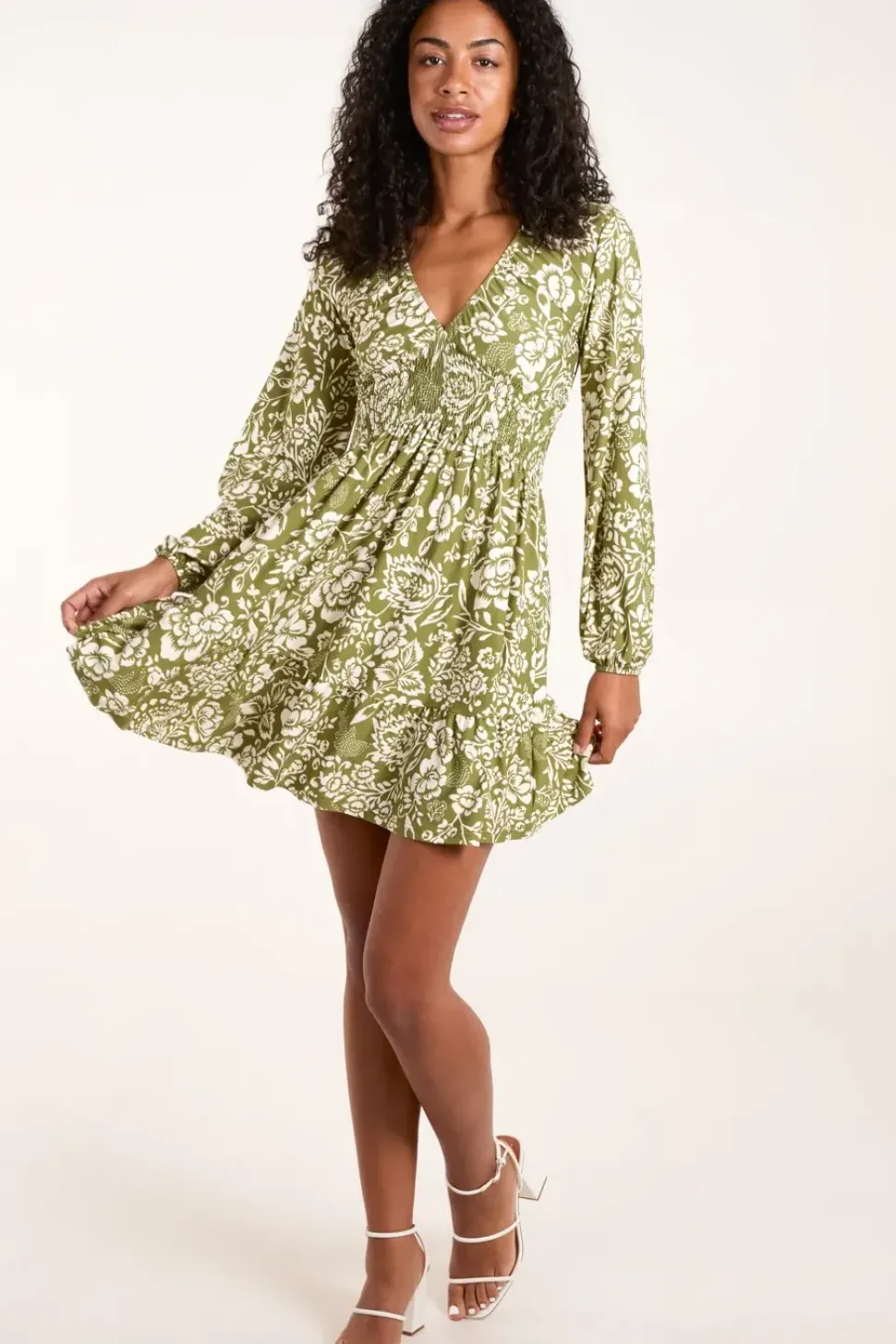 Shirring Elastic Sleeve Tier Mini Dress