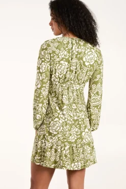 Shirring Elastic Sleeve Tier Mini Dress