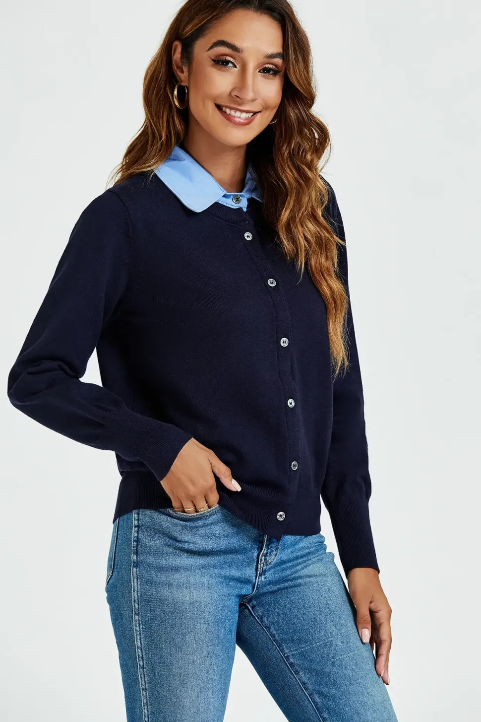 Shirt Collar Knitted Cardigan In Navy