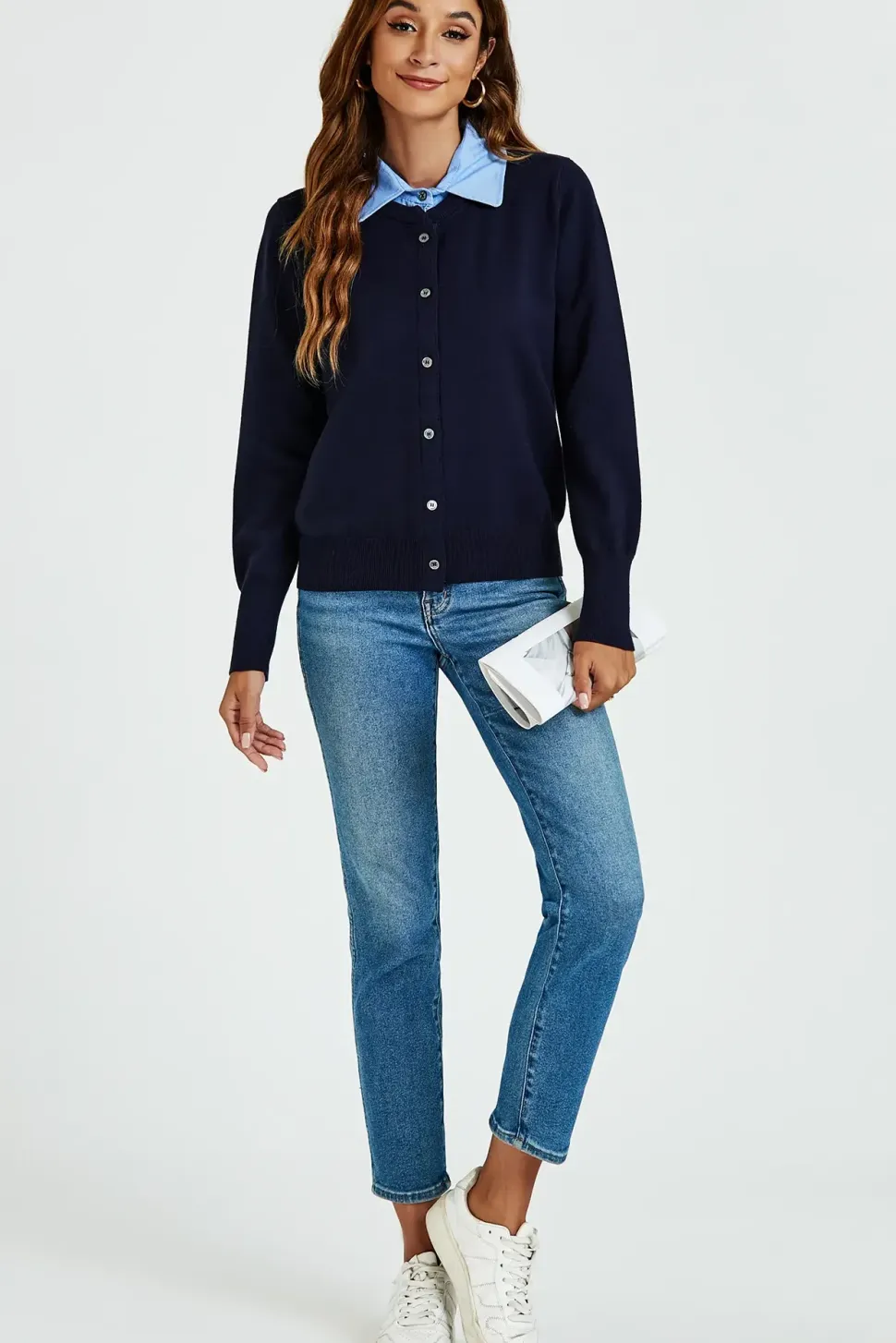 Shirt Collar Knitted Cardigan In Navy