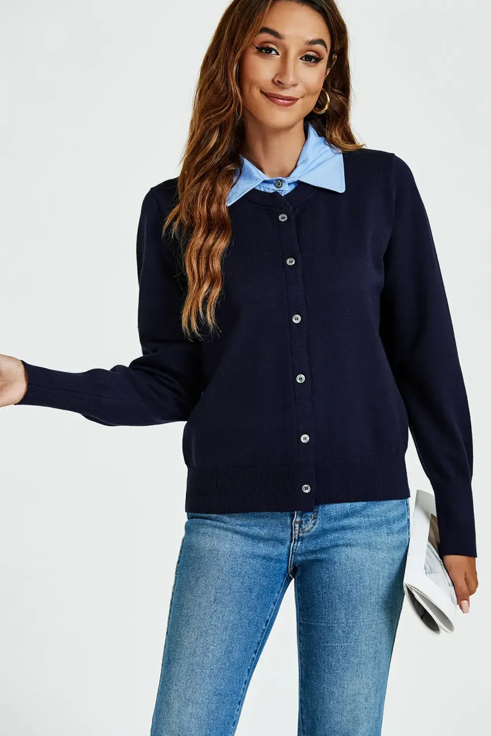 Shirt Collar Knitted Cardigan In Navy