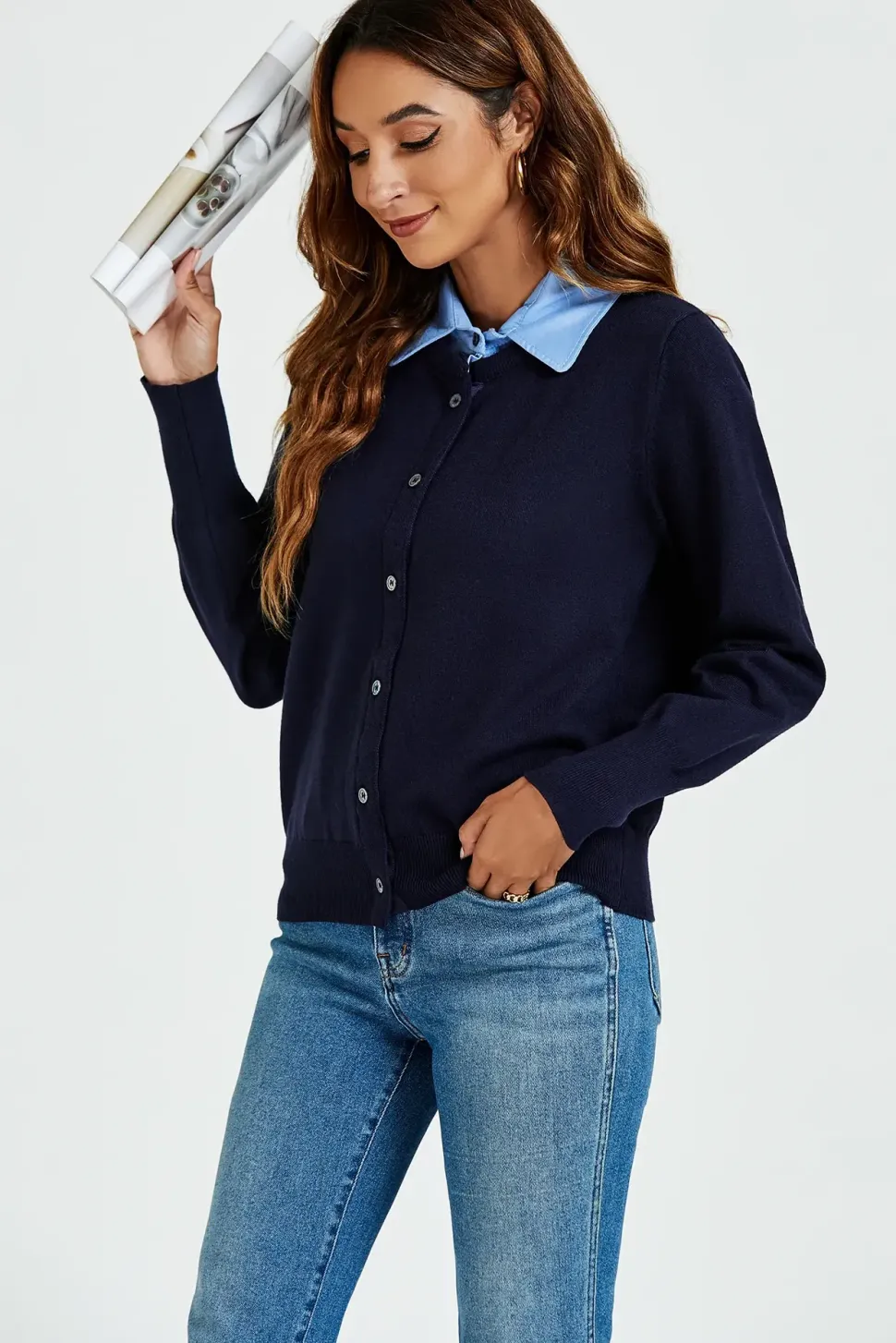 Shirt Collar Knitted Cardigan In Navy