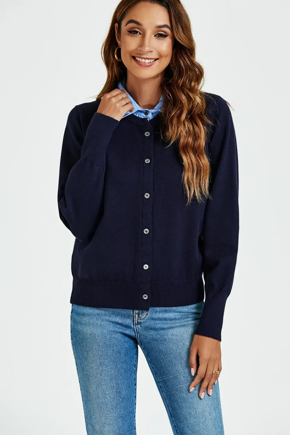 Shirt Collar Knitted Cardigan In Navy