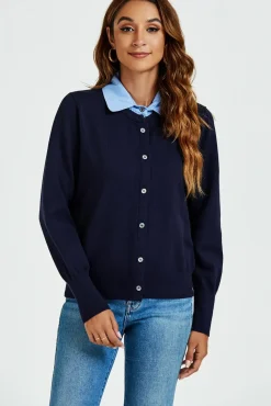 Shirt Collar Knitted Cardigan In Navy