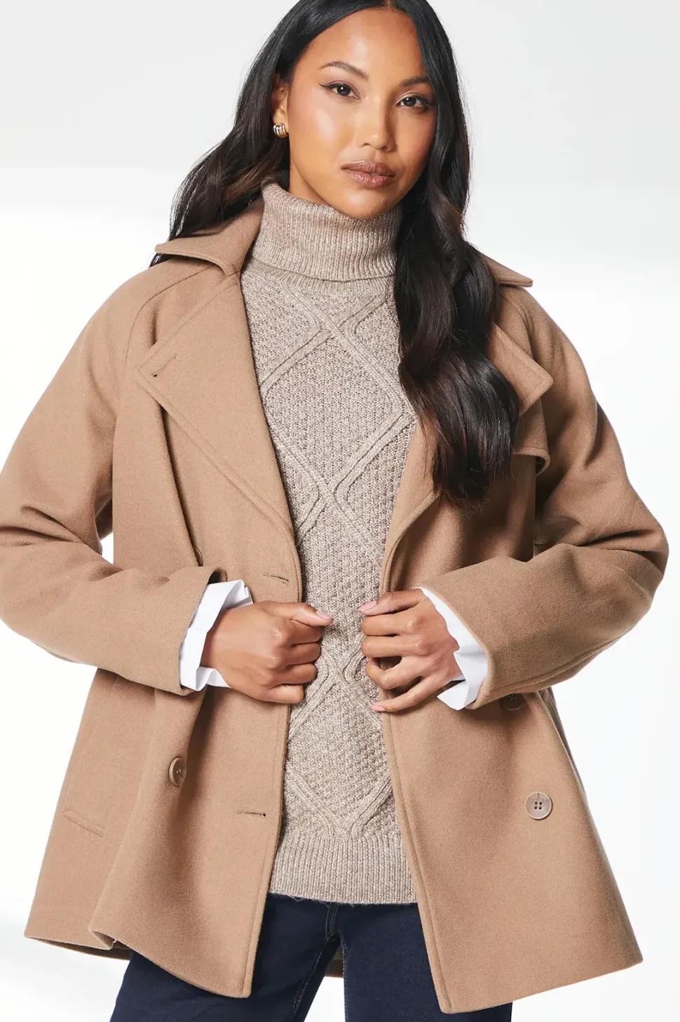 Short Belted Trench Wool Double Breasted Coat