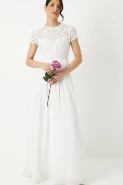 Short Sleeve Eyelash Lace Bodice Wedding Dress