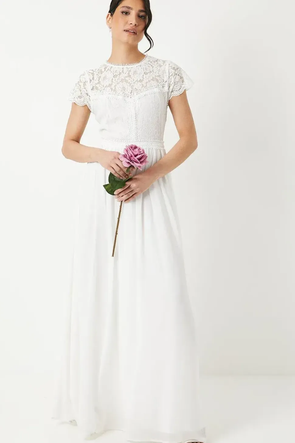Short Sleeve Eyelash Lace Bodice Wedding Dress